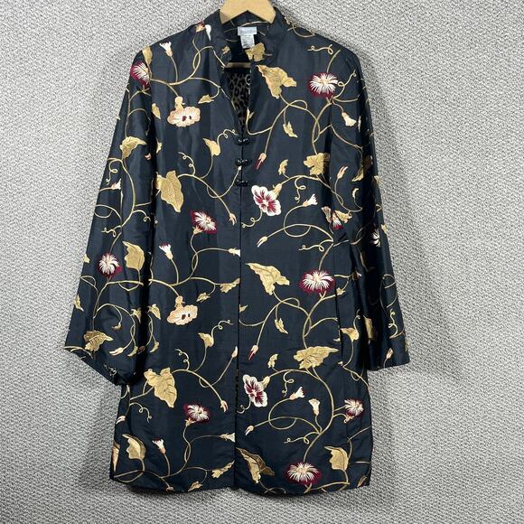Spiegel Silk Jacket Womens Small Black Floral Embroidered Long Sleeve Lined - Picture 1 of 11